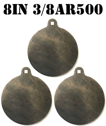 Three 3/8in AR500 8in round NRA steel shooting target silhouette with top center hole for mounting, intended for use in shooting practice.