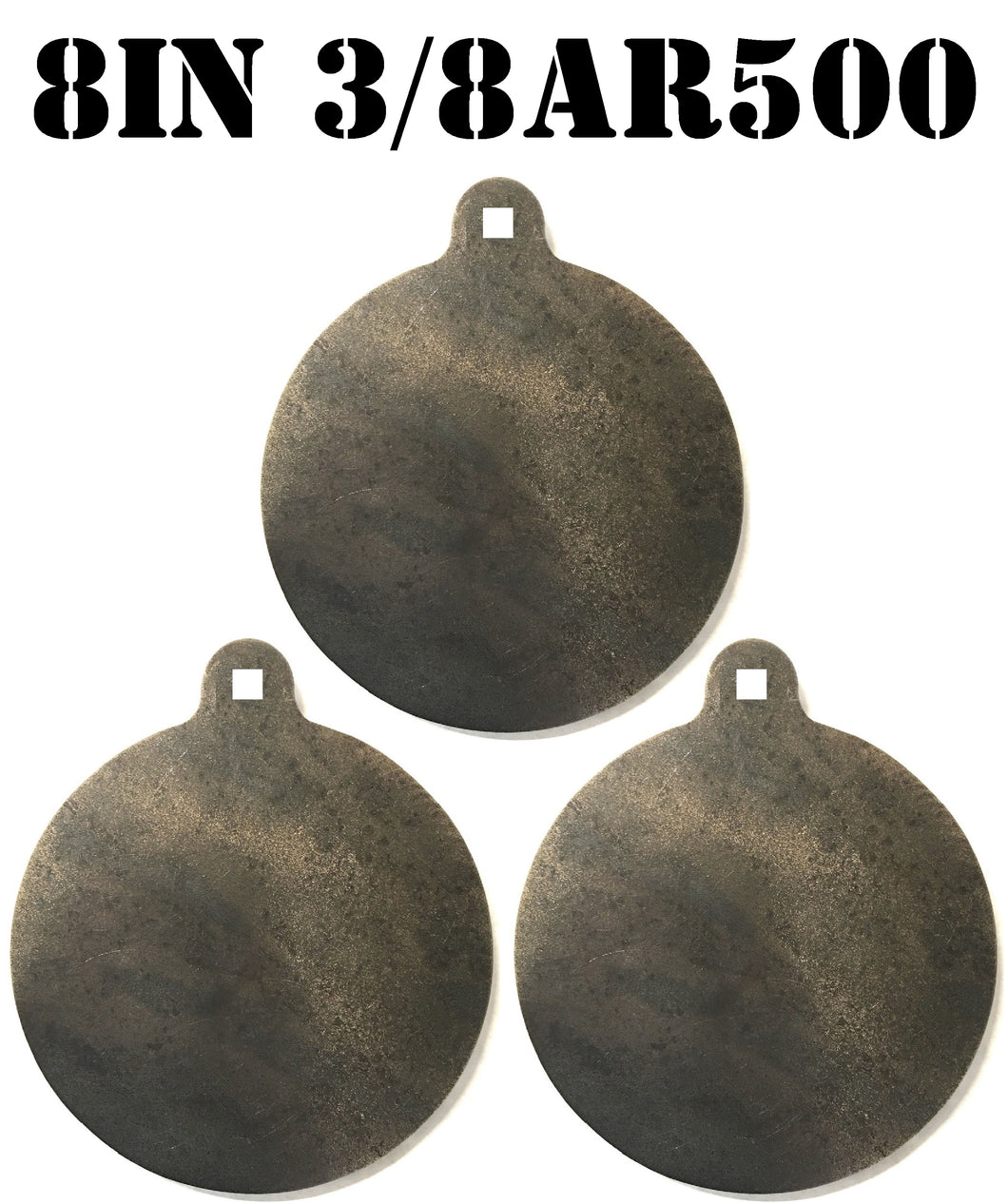 Three 3/8in AR500 8in round NRA steel shooting target silhouette with top center hole for mounting, intended for use in shooting practice.