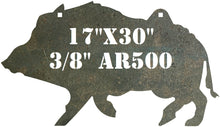 Load image into Gallery viewer, A 3/8in AR500 17inx30in metallic steel target gong silhouette of a boar on a white background

