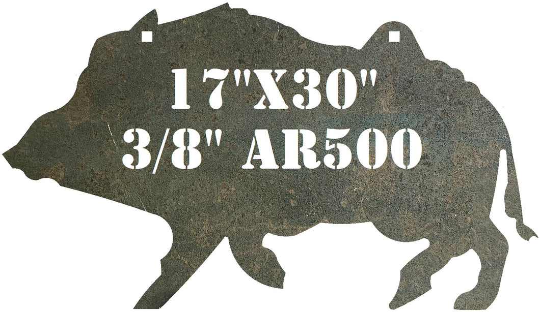 A 3/8in AR500 17inx30in metallic steel target gong silhouette of a boar on a white background