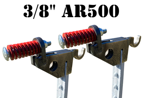 Two spring T-post mounts made of 3/8 inch thick AR500 steel plate with red compression springs and 1/2in fasteners, designed to hold shooting targets.