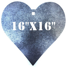Load image into Gallery viewer, A 16inx16in 3/8in AR500 heart steel shooting target silhouette with center hole for mounting, intended for use in shooting practice.
