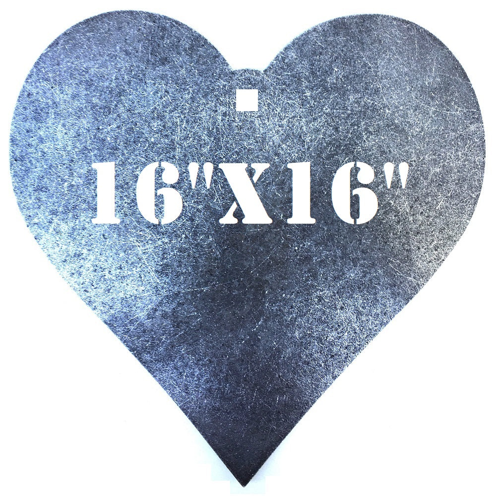 A 16inx16in 3/8in AR500 heart steel shooting target silhouette with center hole for mounting, intended for use in shooting practice.